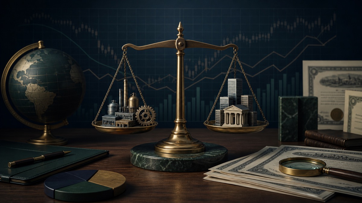 Editorial illustration of a value-investing scale comparing industrial and financial companies
